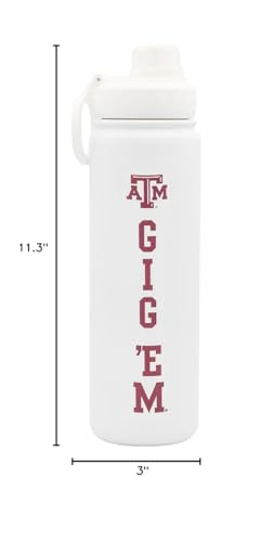 Texas A&M Water Bottle - White Double Walled Stainless Steel 24 oz Keeps Drinks Cold or Hot - color: Texas A&M Gig Em - White