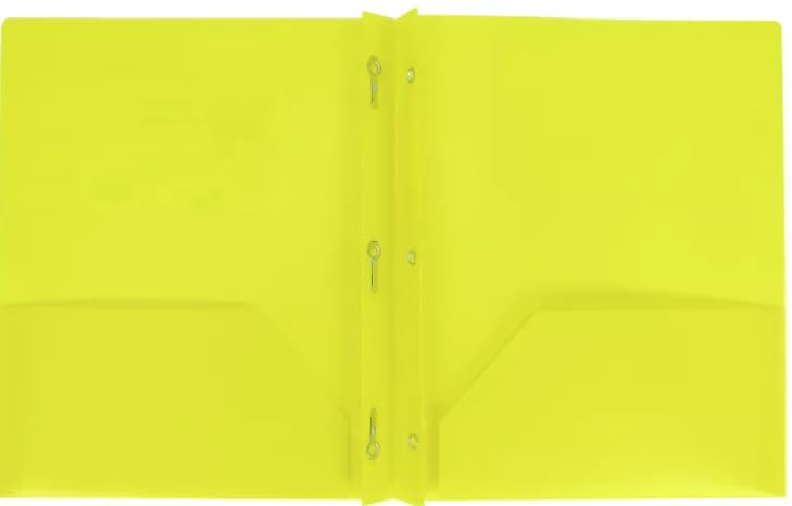 Letter Size Plastic Folder with Pockets and 3 Metel Prongs (Yellow) - color: Yellow