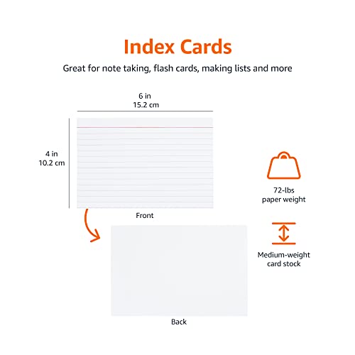 Amazon Basics Ruled Lined Index Cards for Notes, Studying, Flash Cards, White, 4" x 6", 500 Count (5 Packs of 100) - size: 100 Count (Pack of 5), style: Ruled, 4x6, 500 Count