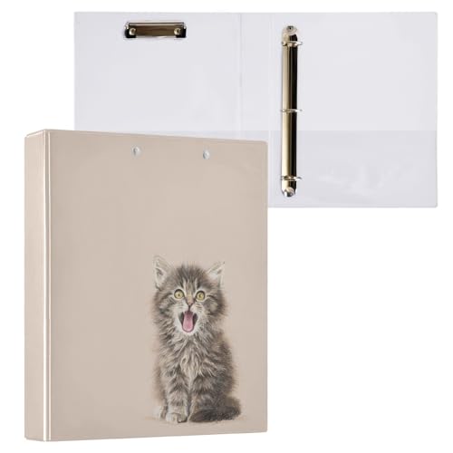 Fustylead Realistic Tabby Kitten Yawning Pattern 3 Ring Binder, D-Rings 1.5" Hardcover Folder, Fits 200 Sheets of A4 Paper, Durable Clipboard & Clean View with Inside Pockets for School Home Office - size: 12.4x10.63x2.36 Inch-2 Pack