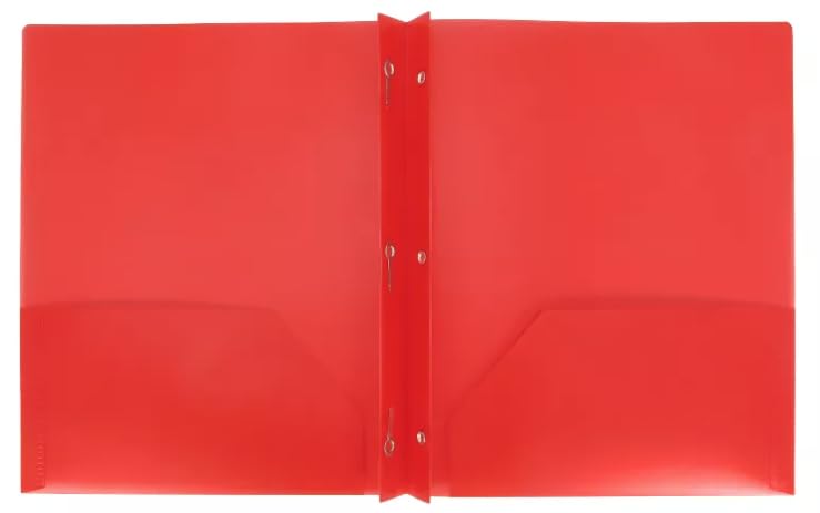 Letter Size Plastic Folder with Pockets and 3 Metel Prongs (Red) - color: Red