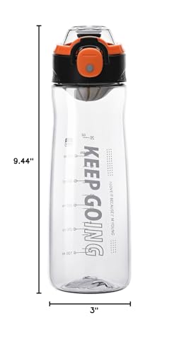 Doseno Clear Water Bottle, 27 oz Reusable Plastic Sports Bottle, Black | Clear plastic water bottle with measurements has dual openings, removable filter and carrying strap for gym and hiking