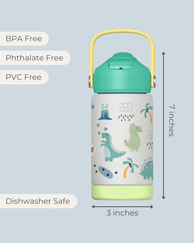 Hippypotamus Kids Water Bottle - Stainless Steel Vacuum Insulated -12 oz - Leak Proof Straw Lid & Soft Spout For Toddlers & Kids (Green Dinosaur) - color: Green Dinosaur