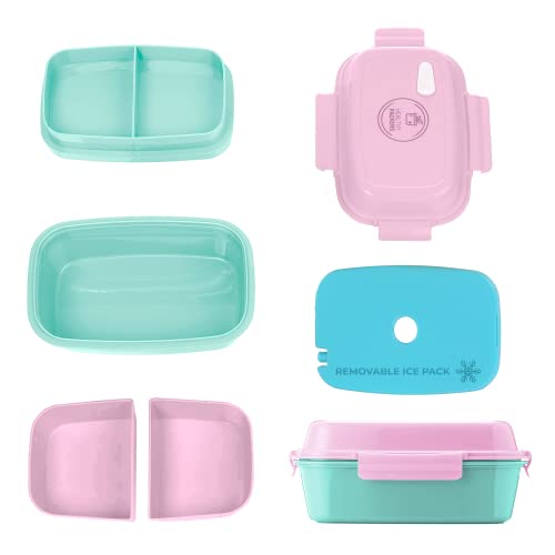 Ultimate Bento Box - Lunch Box for Kids & Adults with Removable Ice Pack - Leakproof, Multi-Compartment Food Container with Removable Containers - Microwave & Dishwasher Safe (Pink, Green, Pink) - color: Pink, Green, Pink