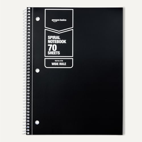 Amazon Basics Wide-Ruled Spiral Notebooks, 8" x 10-1/2", 70 Sheets, Black, 2-Pack - color: Black, style: Wide Ruled 2-pack