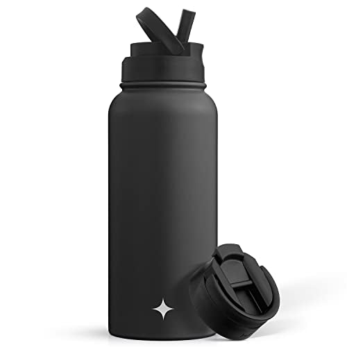 JoyJolt Triple Insulated Water Bottle with Straw Lid AND Flip Lid! 32oz Large Water Bottle, 12 Hour Hot/Cold Vacuum Insulated Stainless Steel Bottle. BPA-Free Leakproof Water Bottles - Thermos Bottle - color: Matte Black, size: 32 Ounces