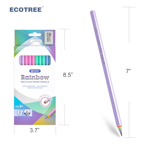 ECOTREE 친환경, 목재 및 플라스틱이 없는 무지개 재활용 종이 #2 HB 연필, 학교 및 사무실 용품, 미리 깎여짐, 12팩 | 어린이 학생을 위한 귀여운 숫자 2 연필, 라텍스 프리 지우개, 에코 재활용 종이, 부드러운 글쓰기, 드로잉, 재미있는 교실 선물