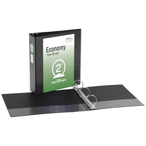 Office Essentials Economy View 3 Ring Binders, 2" Round Rings, 2.8" Spine, 375-Sheet Capacity, Black Binders (4-Pack of 03147) - size: 2"
