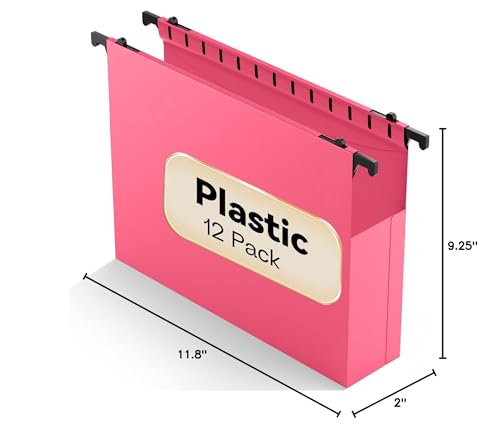 Plastic Hanging File Folders Expanding,12 Pack Extra Capacity Hanging File Folder Letter Size,2 Inch Expansion Heavy Duty Folders,Adjustable Tabs,Pink Hanging Folders Designed for Bulky Files - color: Pink