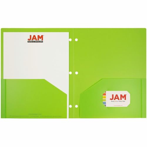 JAM PAPER Heavy Duty Plastic 3 Hole Punch Pocket Folders - Extra Tough School Folders - Lime Green - 3/Pack - color: Lime Green, size: 3 Per Pack