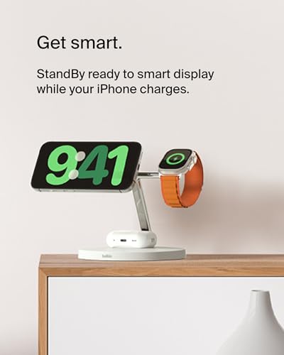 Belkin MagSafe Charger, 3-in-1 Wireless Charging Stand, 2ND GEN, 33% Faster for Apple Watch, iPhone 16, iPhone 15, iPhone 14 Series, AirPods - MagSafe Charging Station for Multiple Devices - White | WIZ017TTWH), Magsafe Iphone Fast Charging Up to 15W, Wir