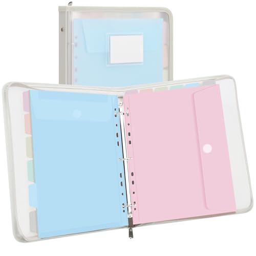 Uquelic Clear Zipper Binder with 12 Colorful Letter/A4 Pockets | 3 Ring Document Organizer with Dividers - Durable PP Cover, Large Capacity Cute Folder for School, Office & Home