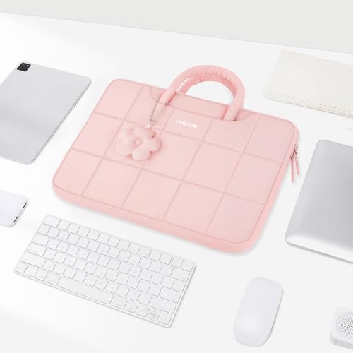 MOSISO Laptop Case 13.3 inch,13-13.3 inch Puffy Laptop Sleeve Compatible with MacBook Neo 13/Air 13 13.6/Pro/Pro 14,HP Dell ASUS Lenovo,Rectangle Quilted Bag with Handle&Flower Pendant, Pink - color: Pink, size: 13.3 inch
