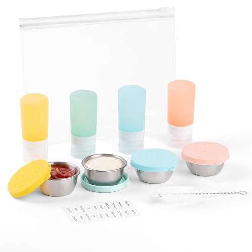 MICEBAY 8-Pack Salad Dressing Container To Go, 2-oz Silicone Small Condiment Squeeze Bottles and 1.6 oz Stainless Steel Sauce Containers Cups, Leakproof Condiment Containers with Lids for Lunch Box - color: Candies, size: 2-oz
