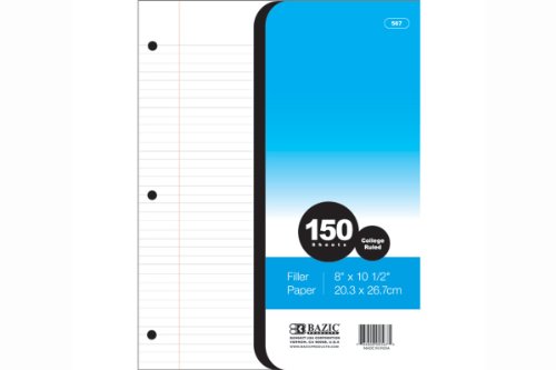 BAZIC Products Filler Paper Loose Leaf Papers 150 Sheet, College Ruled 3 Hole Punched for Ring Binders, for Office School Student Writing, 1-Pack