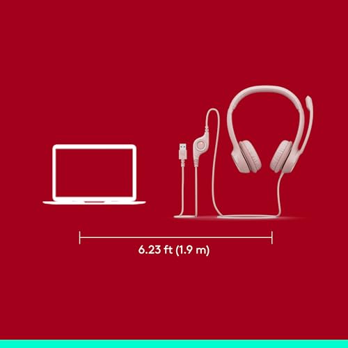 Logitech H390 Wired Headset for PC/Laptop, Stereo Headphones with Noise Cancelling Microphone, USB-A, in-Line Controls for Video Meetings, Music, Gaming and Beyond - Rose (Renewed)