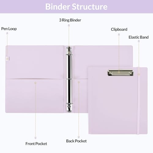 SKYDUE 3 Ring Binder with Clipboard 1 Inch, 13.2" × 10.2" PU Clipboard Binder with Notepad & 5 Dividers with 5 Pockets, Labels, Clipboard Folder Great for School Office (Fit Letter Sized Paper) - color: Purple, size: Letter Size - 1 Inch