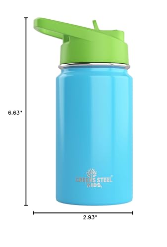 Kids Water Bottle - 12oz Blue | Leak Proof With Straw & Handle | 24 Hours Cold | Insulated, Double Wall Stainless Steel | Easy Sip Toddler Cup | Child's Flask | Eco Friendly - color: Blue