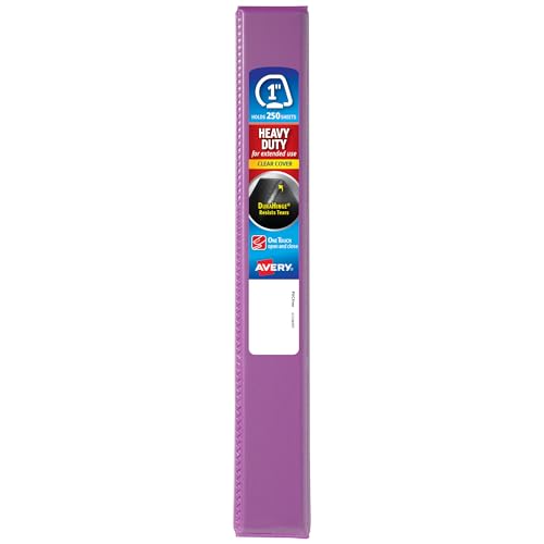 Avery Heavy-Duty View 3 Ring Binder, 1 Inch One Touch Slant Rings, 250-Sheet Capacity, DuraHinge, 1.4 Inch Wide Spine, Customizable Clear Cover and Spine, 1 Orchid Purple Binder (79449)