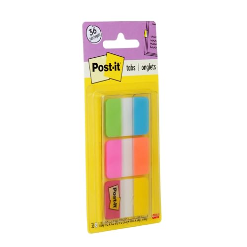 Post-it Tabs, 1 in Solid, Aqua, Yellow, Pink, Red, Green, Orange, 6/Color, 36/Dispenser (686-ALOPRYT) - size: 0.4" x 2.8"