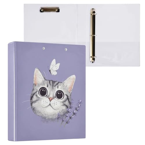 Fustylead Lovely Cat and Butterfly Lavender 3 Ring Binder, D-Rings 1.5" Hardcover Folder, Fits 200 Sheets of A4 Paper, Durable Clipboard & Clean View with Inside Pockets for School Home Office - size: 12.4x10.63x2.36 Inch-2 Pack