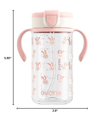 Evorie Tritan Spill Proof Toddler Straw Sippy Cup, 10 oz for Baby and Toddlers 1-3 Years Old, No Spill Straw Water Bottle with Removable Handles, Ideal for School, BPA-Free, Pink Rabbit - color: Pink Rabbit