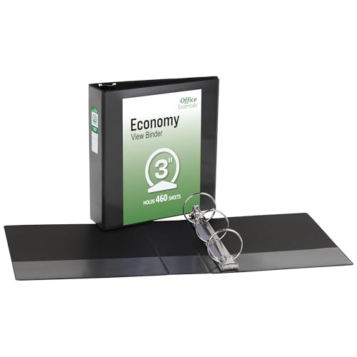 Office Essentials Economy View 3 Ring Binders, 3" Round Rings, 3.5" Spine, 460-Sheet Capacity, Black Binders (12-Pack of 03431) - size: 3"