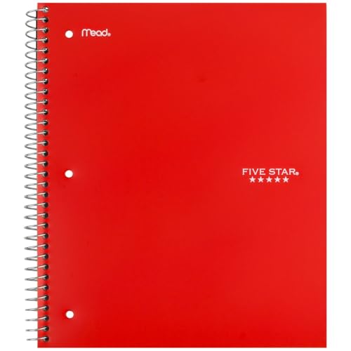 Five Star Spiral Notebook + Study App, 3 Pack, 3 Subject, Wide Ruled Paper, 8" x 10-1/2", Tidewater Blue, Fire Red, Black (930081)