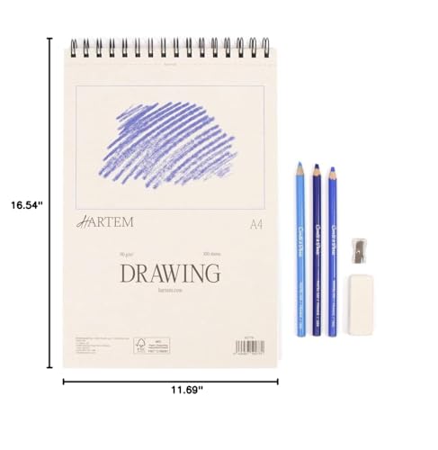 Hartem - A4 Sketch Book & 2B Graphite Pencil, Top Spiral Bound Sketch Pad, 100 Sheets, 60lb/90gsm Acid-Free Drawing Paper, Art Suppiles for Kids & Adults, Beginners & Professional Artists - size: A4 (8.3 × 11.7 in) + 2B Graphite Pencil