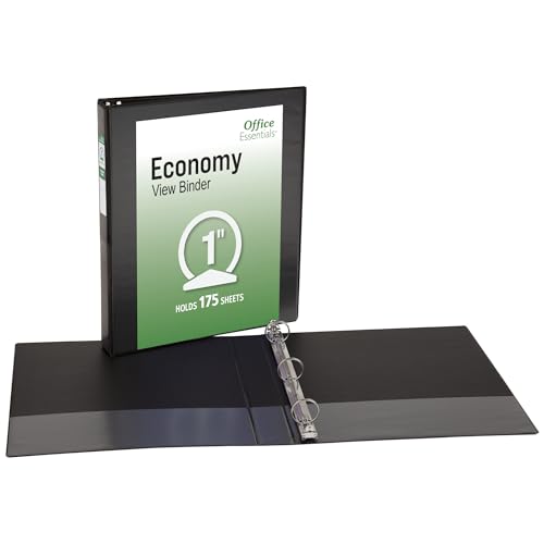 Office Essentials Economy View 3 Ring Binders, 1" Round Rings, 1.4" Spine, 175-Sheet Capacity, Black Binders (4-Pack of 03127) - size: 1"