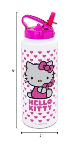 Hello Kitty Reusable Water Bottle - Bundle with Plastic Water Bottle with Spout for Home, School, Sports Plus Sticker, More