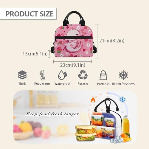 Axolotl Lunch Box for Kids Boys 4-6 Strawberry One Piece Lunch Box for Girls 6-8 Preppy Meal Bag for Boys 8-10 Preschool Kindergarten Toddler Elementary School Adjustable Shoulder Strap - color: Strawberry Axolotl