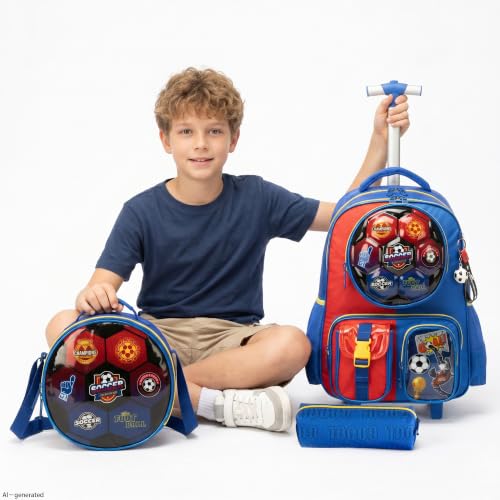 Meetbelify Kids Rolling Backpack with Wheels for Boys Rolling Backpacks with Lunch Box for Elementary School Students 3 in 1 Travel Luggage Suitcase for Boys Age 8-10 - color: Football Blue Red