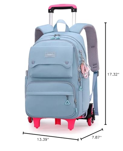 Solid Color Girls Rolling Backpack with Wheels Schoolbag Elementary School Student Trolley Daypack - color: A-blue - Six Wheels, size: 6 Wheels