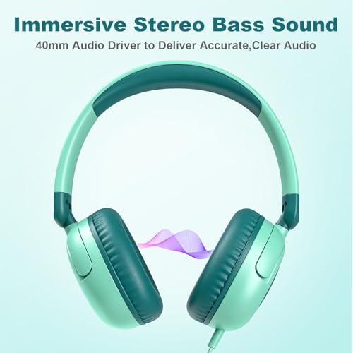 V8 Kids Headphones,Wired Headphones with Mic, 85/94dB Volume Limiter, Tangle-Free 3.5mm Jack, Stereo Sound, Shared Interface, Adjustable Portable Headphones for School & Travel (Green) - color: Green