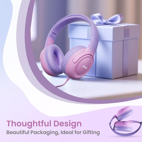 Acer Kids Headphones - 85/94dB Volume Limiter, Foldable Wired Over Ear Headphones for Travel, 3.5mm Jack, Toddler Headphones for School, Travel, iPad, Tablet, Purple Pink, HK03 - color: Purple-Pink Gradient