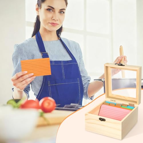 Kathfly 3 x 5 Inch Index Card Holder Set, 230 Pcs Heavy Note Index Cards Large Capacity Wooden Recipe Box Organizer Case with Dividers Flash Card Holder for Office, Home and School - color: Macron Color System