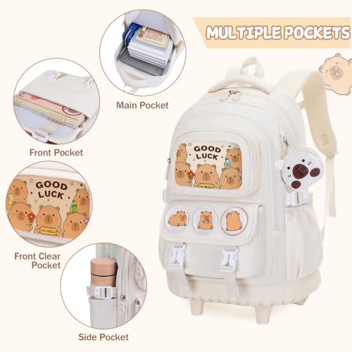 Capybara Rolling Backpack for Girls - 3PCS Girls Backpack Kids Suitcase with Lunch Box & Pencil Case Travel - Capybara Backpack with Wheels for Kindergarten Preschool Elementary (Beige) - color: Beige