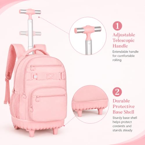 HPJGD 3PCS Girls Rolling Backpack, Womens Pink School Backpacks with Wheels, Water Resistant Roller Kids Wheeled Bookbag Set - color: Classic Pink Rolling Backpack Set