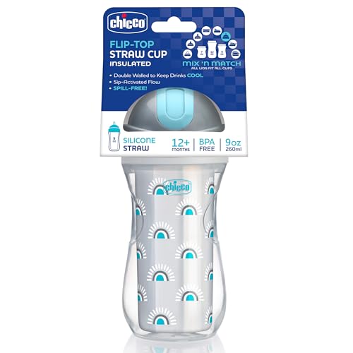 Chicco Insulated Straw Sippy Cup 12+ Months, 9oz Toddler Training Cup with Spill-Free Flip-Top Lid, BPA-Free 2-Pack, Silver/Blue Sunburst - color: Sunburst Silver/Blue, size: 9 Ounces