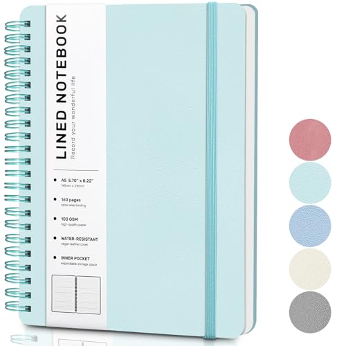 Light Green Lined Spiral Journal Notebook with 160 Pages, 8×5.7in, A5 Spiral Notebook, Journaling Notebooks for Work, School, Women, Men, College Ruled Spiral Notebook, Hardcover Leather Journals | 160 Pages Small Journaling Notebooks, 5.7"x11" Note Book