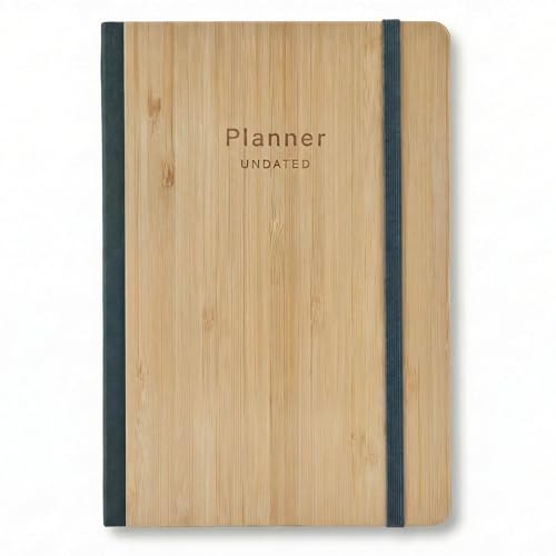 AUROPLANNER A5 Undated Planner Bamboo Cover Daily Weekly Monthly, Green | Portable Lay-Flat Notebook Organizer, 4-Month Layout, 160 Pages Cream White 100 GSM Paper, 2028 2027 2026 Calendar, Travel