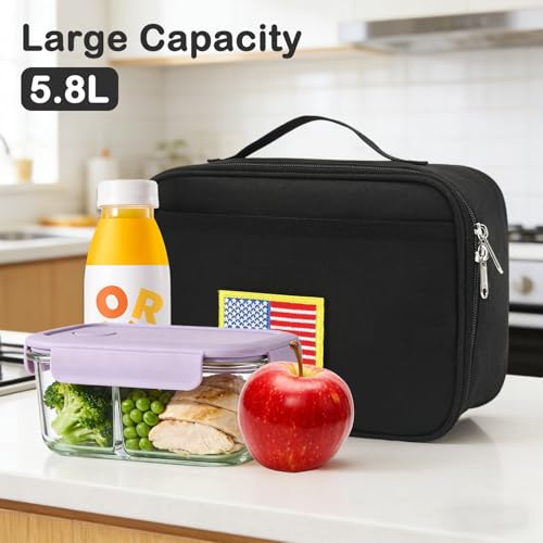 FlowFly Kids Lunch box Insulated Soft Bag Mini Cooler Back to School Thermal Meal Tote Kit for Girls, Boys, Black Free USA Flag Patch Included - color: Black With Flag