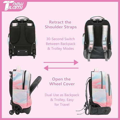 NEW TILAMI 18-Inch 6-Wheel Rolling Backpack for Kids, Pink Sunset | Lightweight Rolling Stair-Climbing Top Carry Handle Padded Shoulder Straps For School Family Travel - color: Pink Sunset