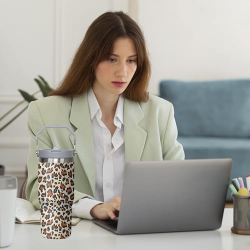 Queen Hero 30 oz Leopard Tumbler with Handle, Large Insulated Tumbler with Flip & Straw Coffee Mug Cup Stainless Steel Gifts for Women Men Youth - color: Leopard