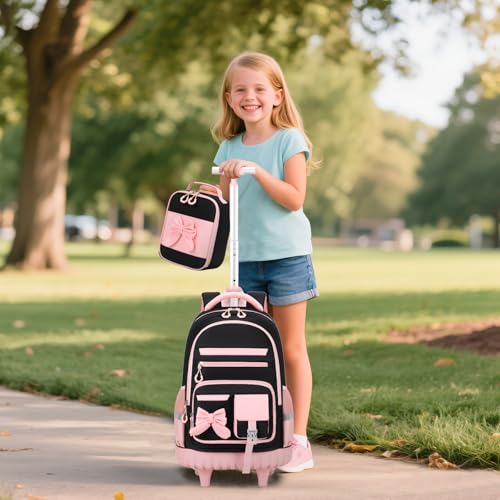 DIGOBAY Rolling Backpack for Girls, Cute Roller School Bag with Wheels, Kids Wheeled Backpacks Set with Lunch Bag Pencil Case for Teen Girls Kindergarten Elementary Middle School - color: Black-pink