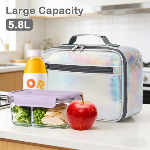 FlowFly Kids Lunch box Insulated Soft Bag Mini Cooler Back to School Thermal Meal Tote Kit for Girls, Boys, Silvery - color: Holographic