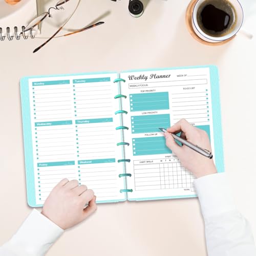 Junior Size Undated Weekly Planner Refills - 8-Disc 53 Sheets/106 Pages Weekly Planner for Half Letter Size, 100 gsm White Paper, Lasts 1 Year, Undated, 5.8" x 8.3", Teal - size: 1-Pack, style: 8-Disc/Junior Size