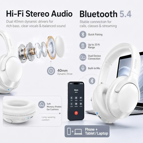 MIDOLA Bluetooth Headphones Over Ear, 68H Playtime Wireless Headphones with Microphone, 6 EQ Modes, HiFi Stereo Deep Bass, Foldable Lightweight Headset for Home Office, Cellphone, PC, White - color: White