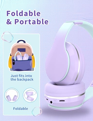 Bluetooth Kids Headphones,Wireless Kids Headphones Over Ear with Microphones,Stereo Sound ,10H Playtime, Foldable&Adjustable Children Headphone,Bluetooth Headset for Adults,School (Purple) - color: Purple